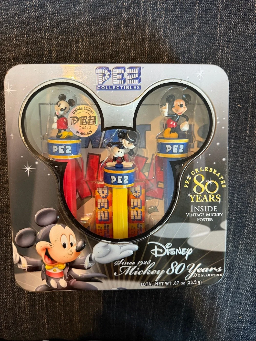 Disney PEZ Mickey 80 Years Collectible Dispenser Set - Black, Red, Yellow, Blue